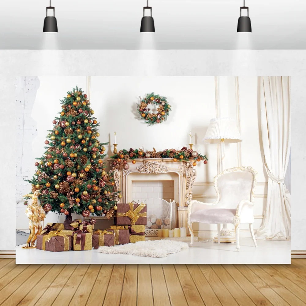 

Laeacco Merry Christmas Tree Photo Background Interior Child Family Photocall Banner Fireplace Gift Wreath Photographic Backdrop