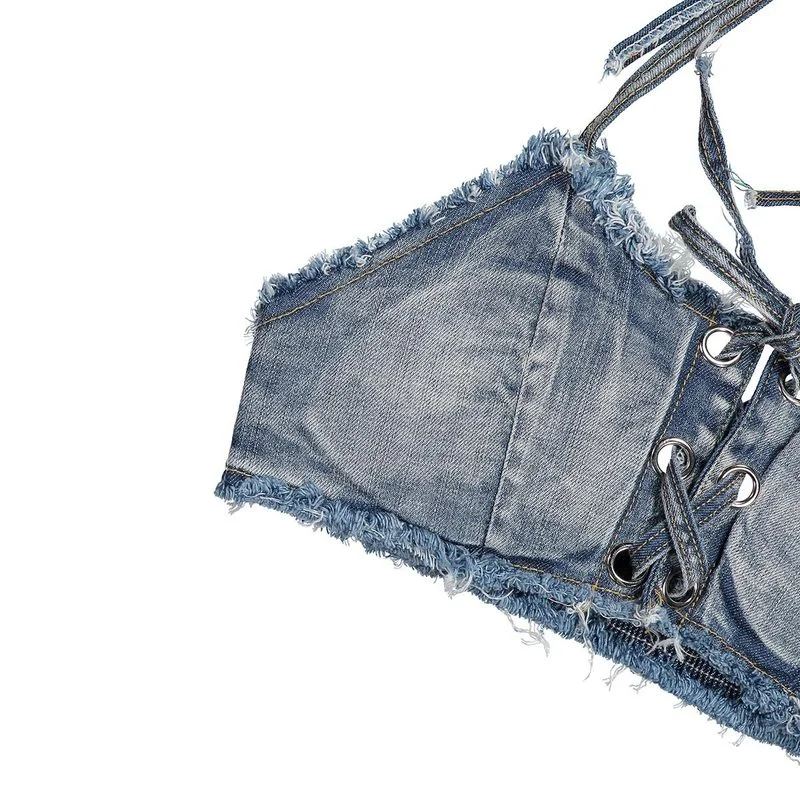 Bandage Halter Sexy Tank Tops Deep V Neck Backless Casual Denim Crop Top Women y2k Camisole Sleeveless Summer Beach Cami Tops 
Bandage Halter Sexy Tank Tops Deep V Neck Backless Casual Denim Crop Top Women y2k Camisole Sleeveless Summer Beach Cami Tops