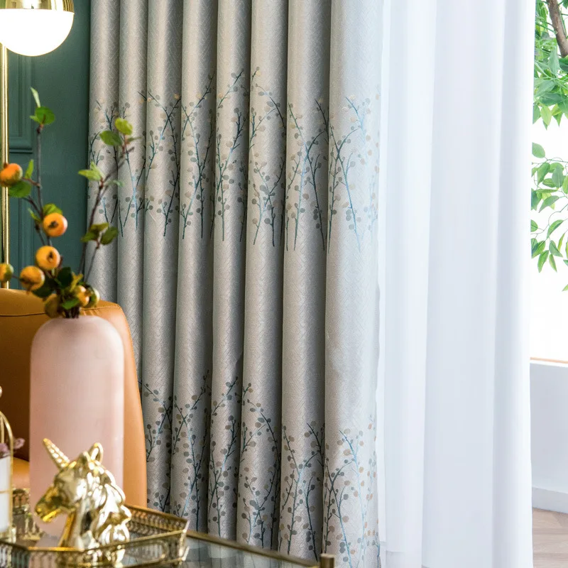 

Explosive Pastoral Style Jacquard Curtain Fabric High Shading Curtain Finished Branch Printing Curtains for Living Room Bedroom
