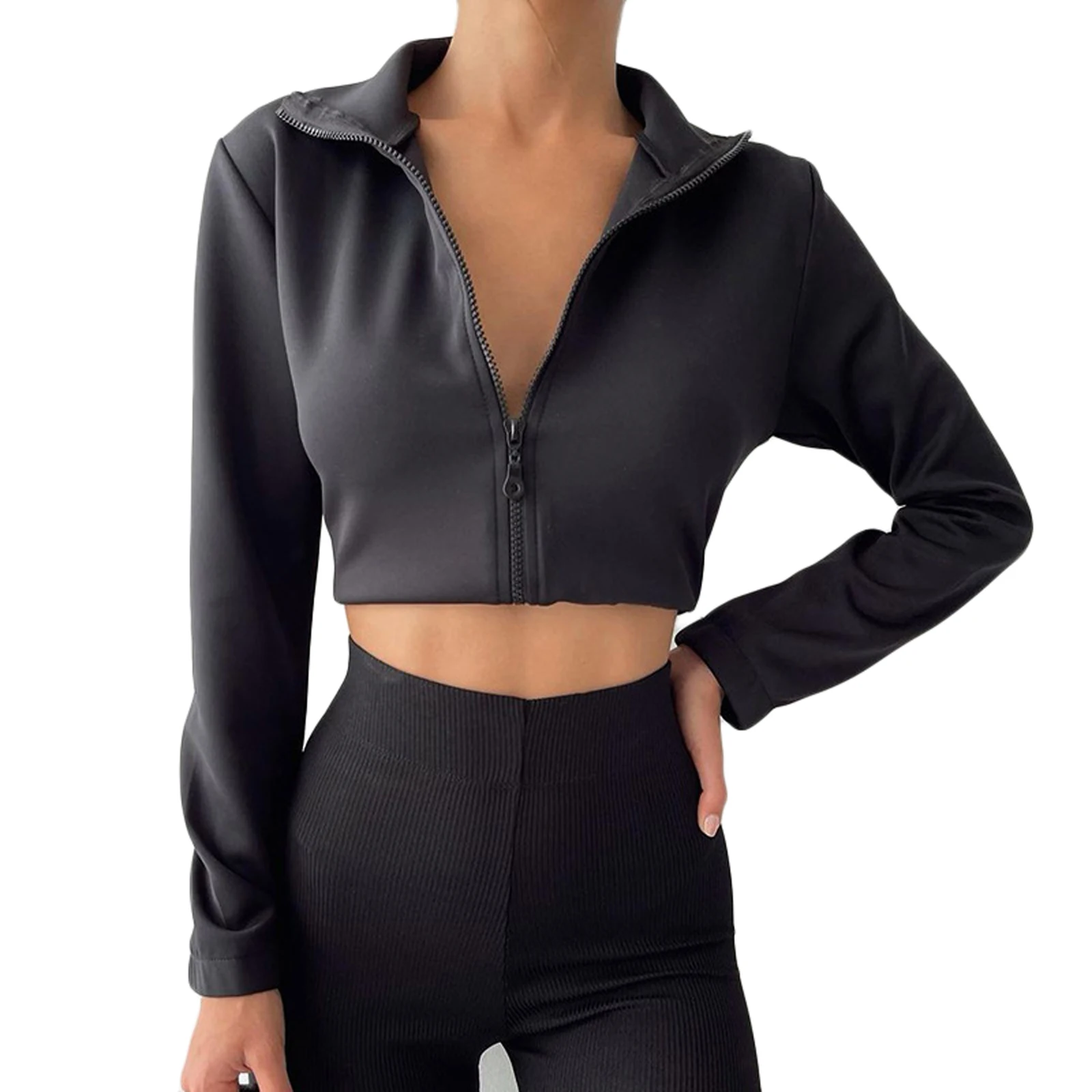 Women's Jacket Short Cropped Navel Design Long-sleeved Lapel Zipper Closure Solid Color Coat
Women's Jacket Short Cropped Navel Design Long-sleeved Lapel Zipper Closure Solid Color Coat