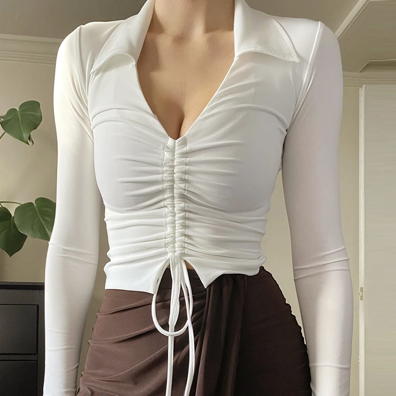 Fashion Cropped Tops Women Solid Drawstring Sexy POLO lapel Deep V Neck Short T shirt Streetwear Casual Long Sleeve Y2K Tops
Fashion Cropped Tops Women Solid Drawstring Sexy POLO lapel Deep V Neck Short T shirt Streetwear Casual Long Sleeve Y2K Tops