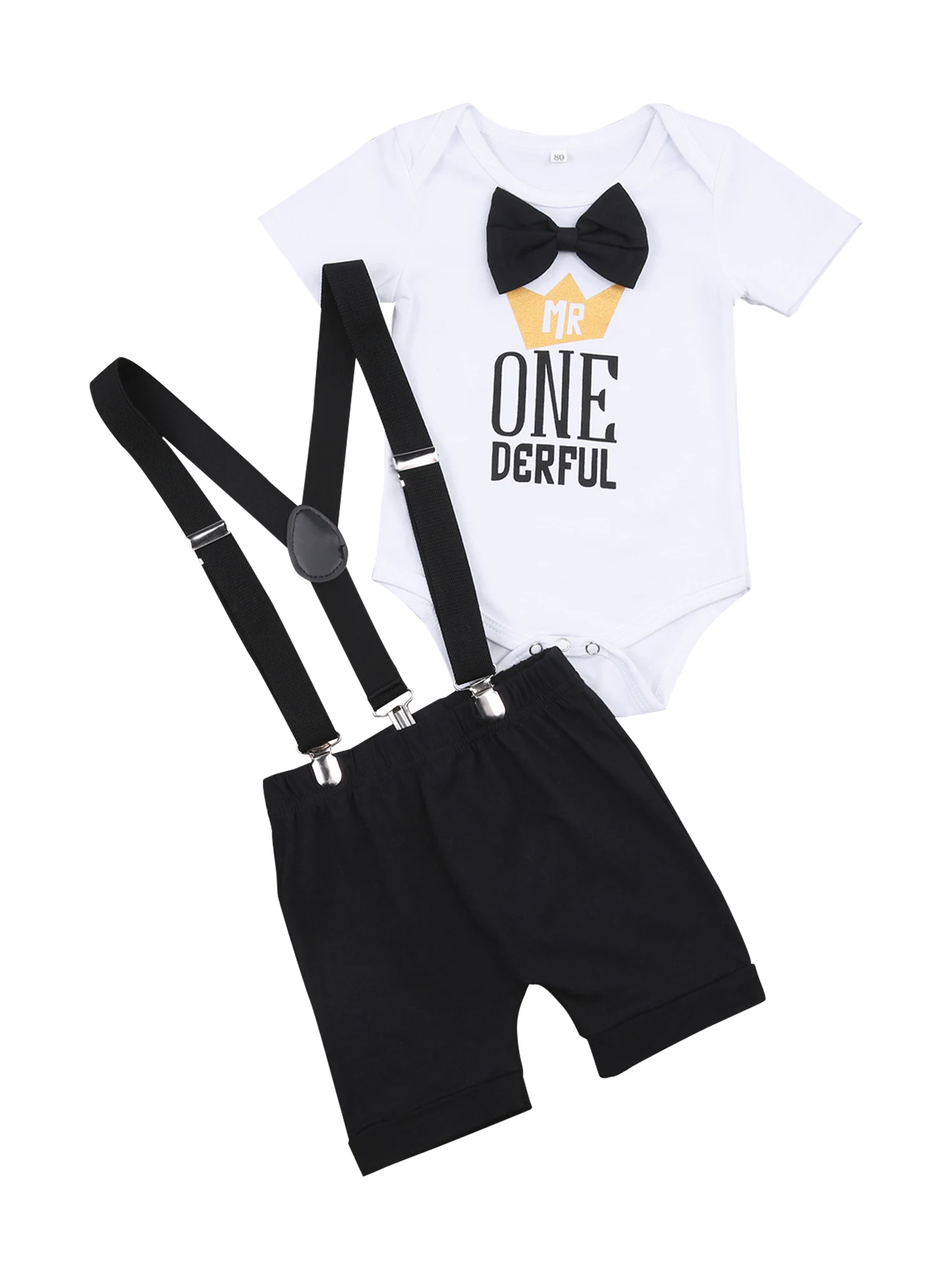 Summer Baby Letter Crown Print Bowknot Short Sleeve Round Neck Romper + Solid Color Suspender Pants
Summer Baby Letter Crown Print Bowknot Short Sleeve Round Neck Romper + Solid Color Suspender Pants