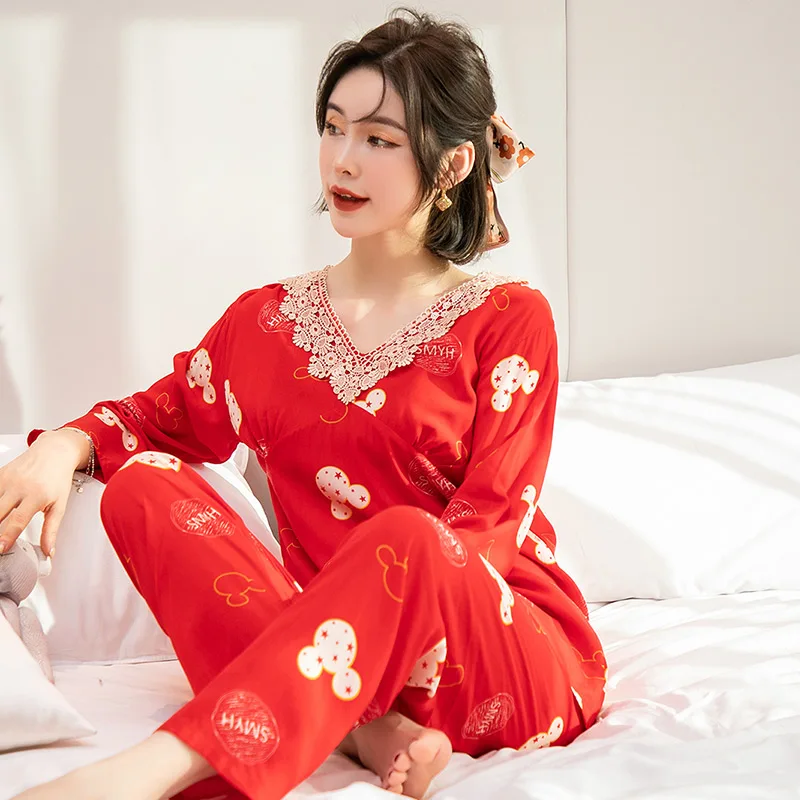 Пижама женская из поплина, свадебная красная Домашняя одежда с длинным рукавом, буретка из искусственного хлопка, подходит для повседневно... 
Пижама женская из поплина, свадебная красная Домашняя одежда с длинным рукавом, буретка из искусственного хлопка, подходит для повседневно...