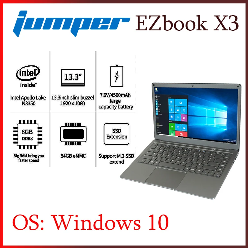 Jumper EZbook X3 ноутбук Intel Apollo Lake N3350 6 ГБ 64 Гб eMMC 13 3 дюйма IPS дисплей 2 4G/5G WiFi с M.2 SATA