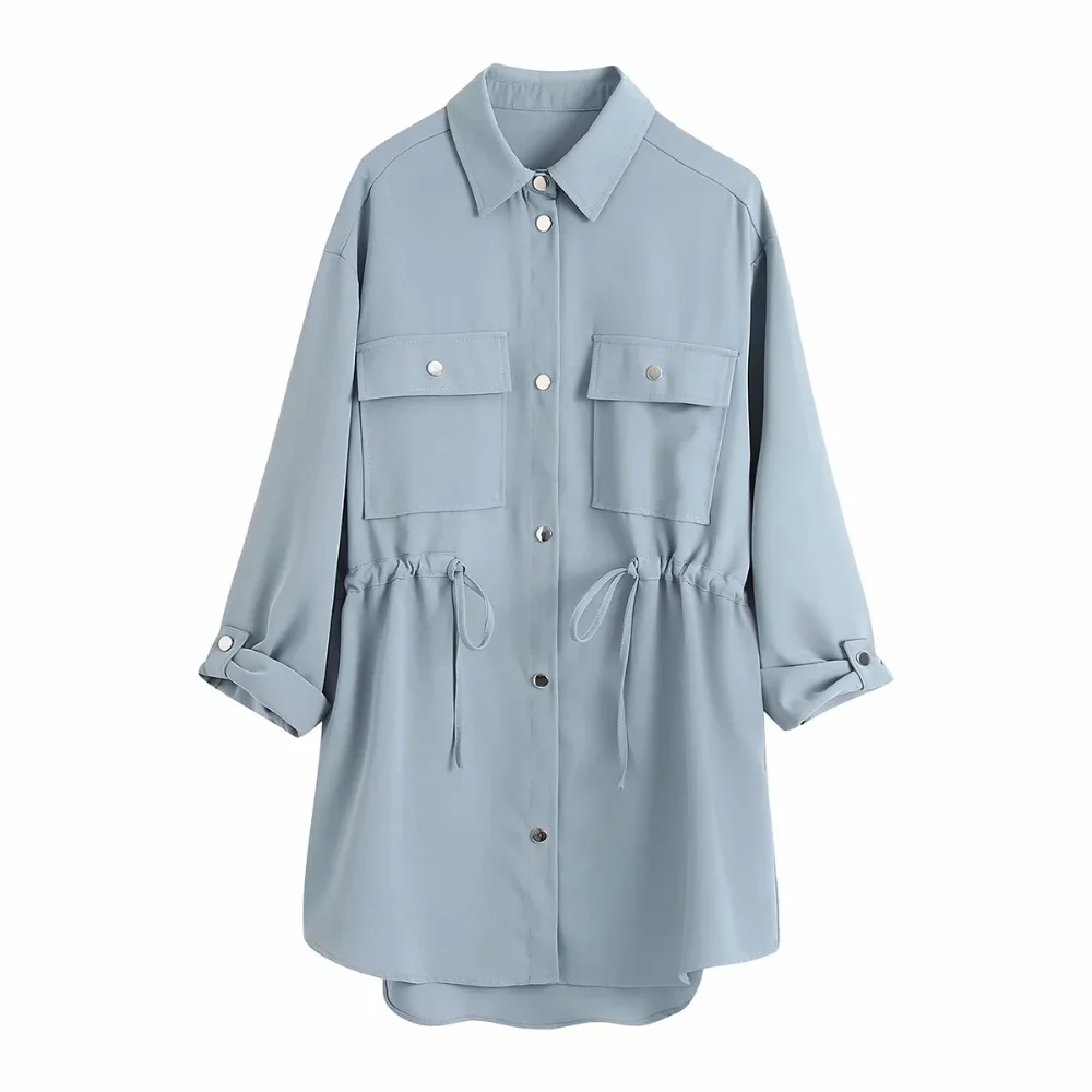 

Женская рубашка с накладным карманом, Повседневная Свободная шикарная блузка с лацканами, пуговицами и манжетами, блузка с поясом, куртки ...
