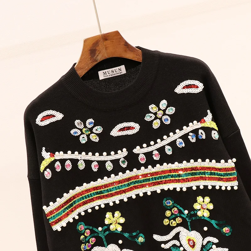 2020 Autumn Womens Winter Tops Fashion Beading Sequins Long Sleeve Knitted Sweater + Casual Pants Women Two Piece Outfits | Женская