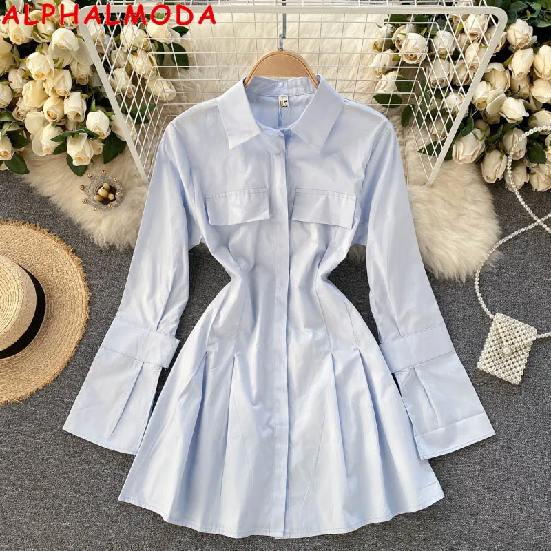 ALPHALMODA 2021 Spring Chic Shirt Dress Long Sleeve Slim Waist A-line Dress Women Single Breasted Slim Dress
ALPHALMODA 2021 Spring Chic Shirt Dress Long Sleeve Slim Waist A-line Dress Women Single Breasted Slim Dress