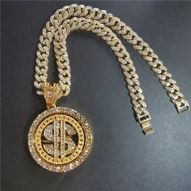 Hiphop full diamond Cuban necklace male rotating dollar diamond pendant personality hip hop European and American street fashion 
Hiphop full diamond Cuban necklace male rotating dollar diamond pendant personality hip hop European and American street fashion