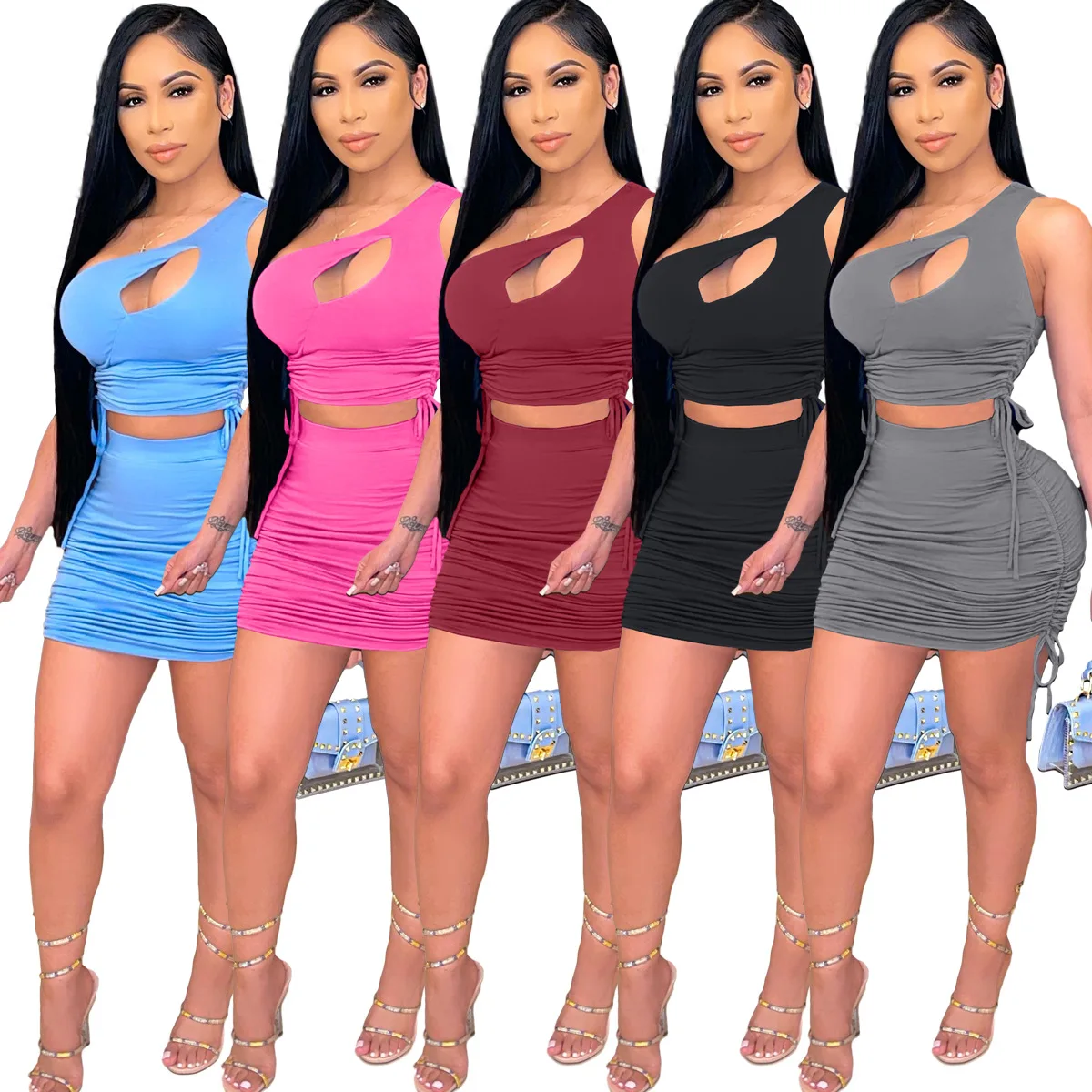 Sexy Women Skirt Suit One Shoulder Hollow Out Crop Top + Mini Dress Solid Color Summer Beach Clothes For Women
Sexy Women Skirt Suit One Shoulder Hollow Out Crop Top + Mini Dress Solid Color Summer Beach Clothes For Women