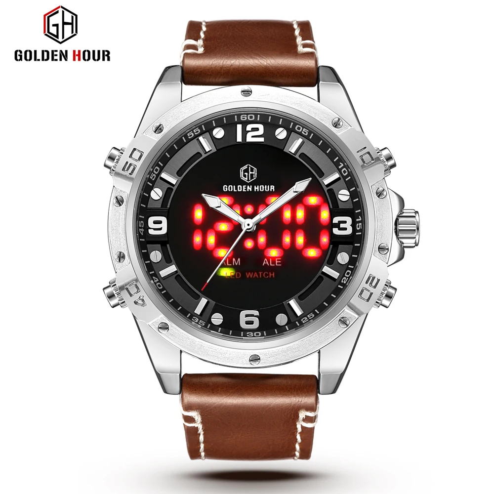 

GOLDENHOUR Top Brand Fashion Sport Watches Men Quartz Analog LED Clock Leather Military Waterproof Watch Relogio Masculino gift
