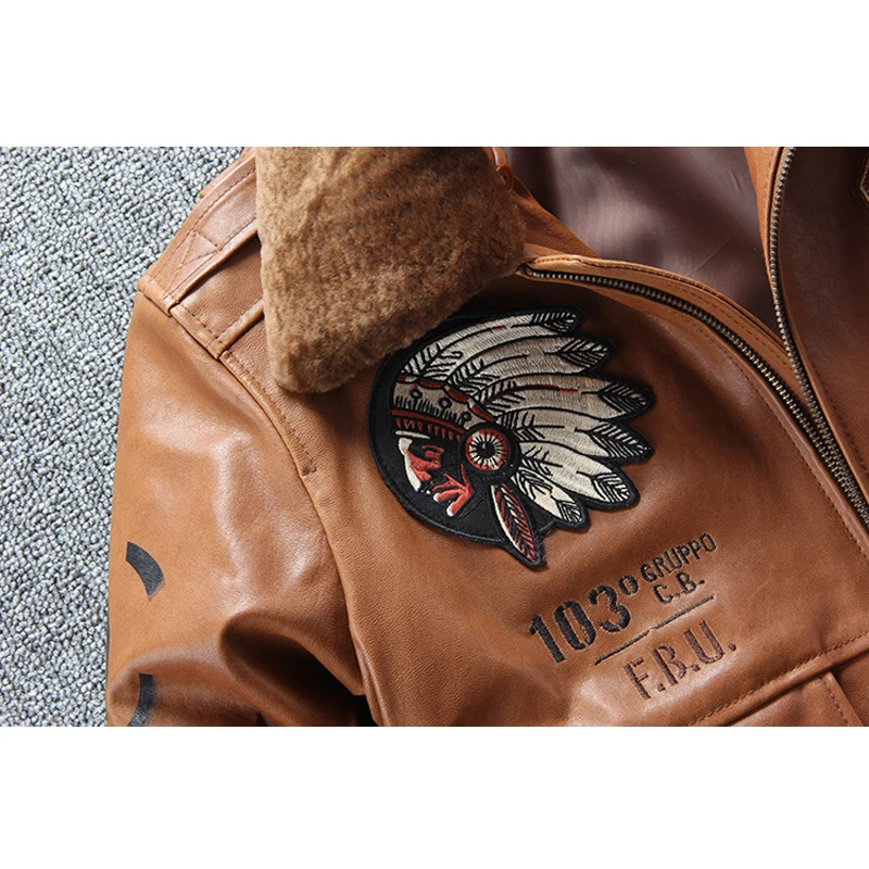 Embroidery Indian Men Skull Air force flight A1 Pilot Sheepskin Jacket Casual Wool collar Genuine Leather Coat Male Free 
Embroidery Indian Men Skull Air force flight A1 Pilot Sheepskin Jacket Casual Wool collar Genuine Leather Coat Male Free