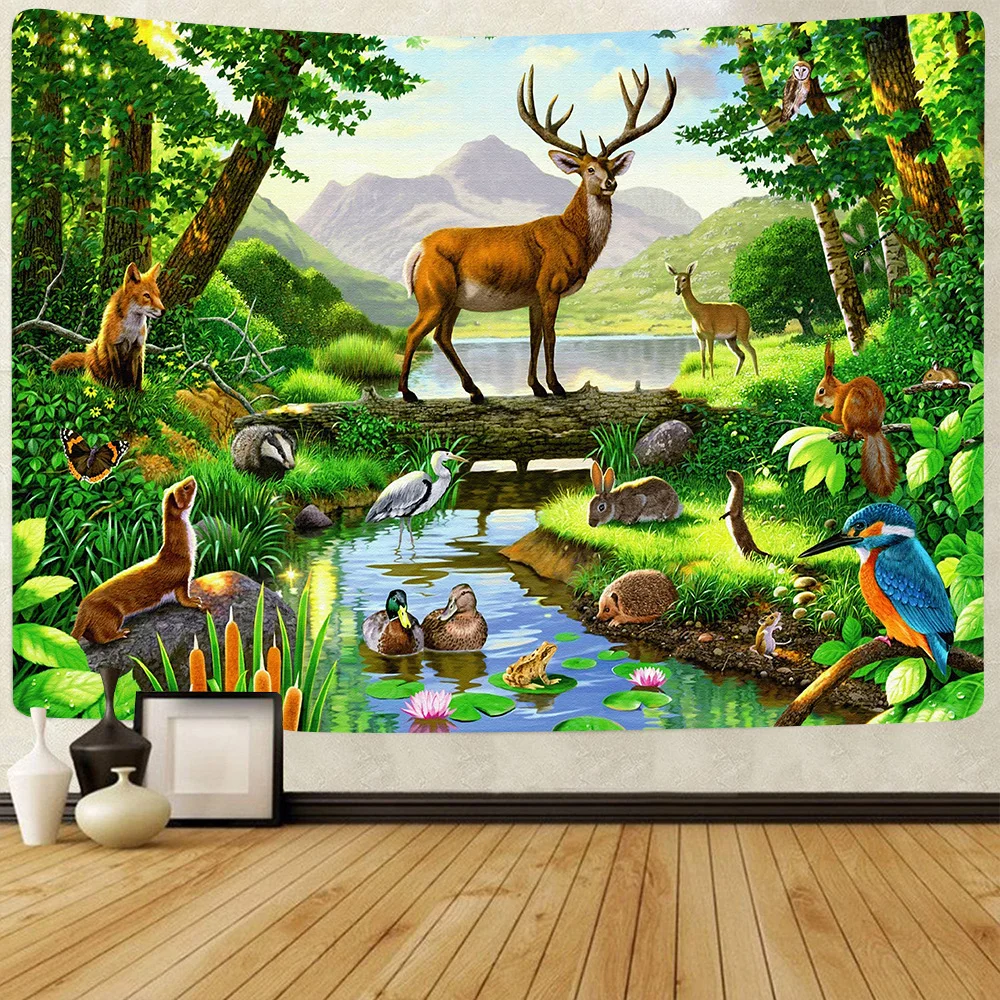 

Animal Deer Tapestry Forest Parrot Mountain Wall Hanging Tapestries for Living Room Bedroom Dorm Home Blanket Decor