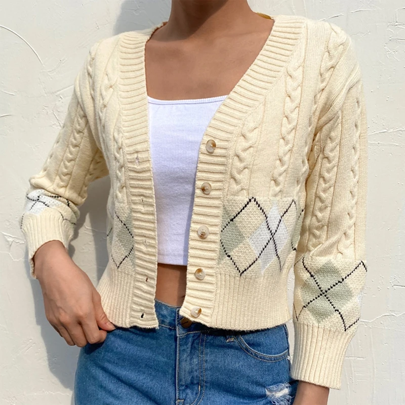Women 3/4 Sleeves Knitted Cardigan Contrast Color Argyle V-Neck Sweater Coat Single Breasted Button Slim Crop Top Jacket
Women 3/4 Sleeves Knitted Cardigan Contrast Color Argyle V-Neck Sweater Coat Single Breasted Button Slim Crop Top Jacket