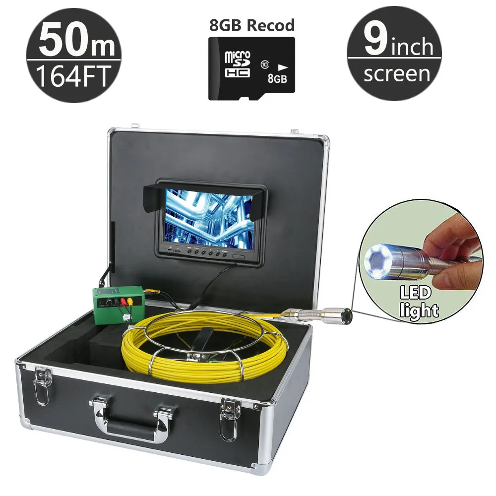 

50M/164ft Sewer Pipe Inspection Camera System 9" Monitor 1000TVL Snake Drain Waterproof Video Camera DVR Function with 8GB Card