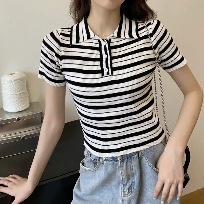 Knitted Sweater Crop Top Women Pullovers Turn-Down Collar Casual Striped Short Sleeve Pullovers Jumper Traf Pull Femme clothing
Knitted Sweater Crop Top Women Pullovers Turn-Down Collar Casual Striped Short Sleeve Pullovers Jumper Traf Pull Femme clothing