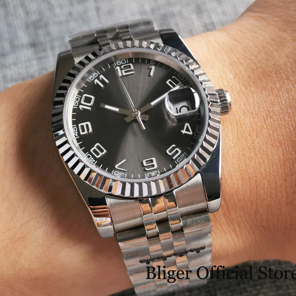 BLIGER Sapphire Crystal 36MM Date Fluted Bezel Grey Sunburst Automatic Men Watch 21 jewels MIYOTA 8215 Jubilee Steel Bracelet
BLIGER Sapphire Crystal 36MM Date Fluted Bezel Grey Sunburst Automatic Men Watch 21 jewels MIYOTA 8215 Jubilee Steel Bracelet