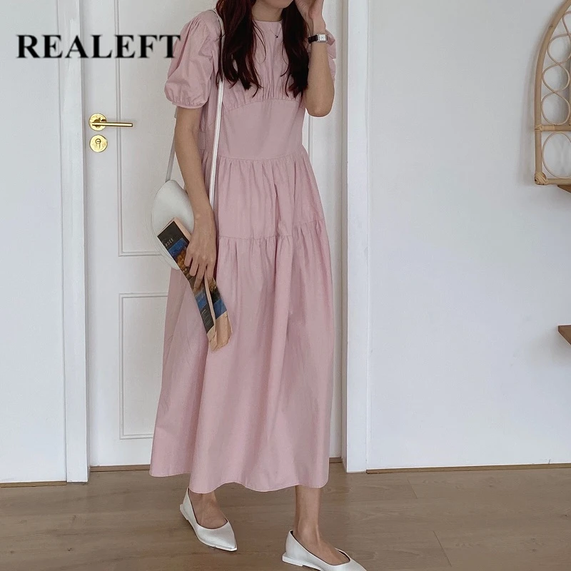 Фото REALEFT летнее 2020 Новое винтажное женское длинное платье пышные рукава высокая