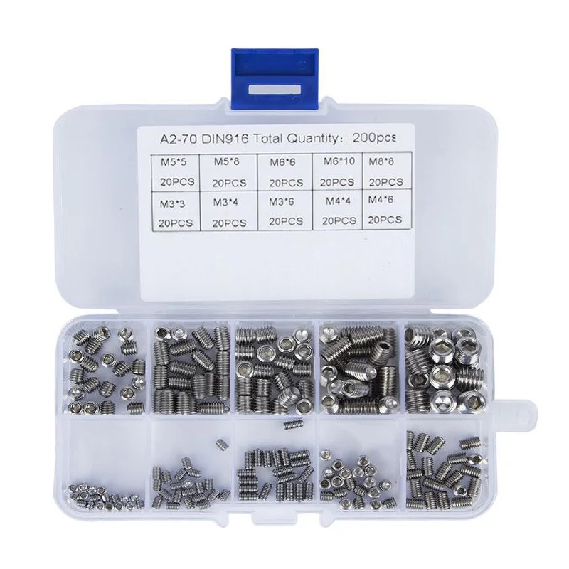 Flat Point Hexagon Socket Set Screws Headless Kit M3 M4 M5 M6 M8 304 Stainless Steel Metric Thread Grub Screw Kit 200 Pcs/set
Flat Point Hexagon Socket Set Screws Headless Kit M3 M4 M5 M6 M8 304 Stainless Steel Metric Thread Grub Screw Kit 200 Pcs/set