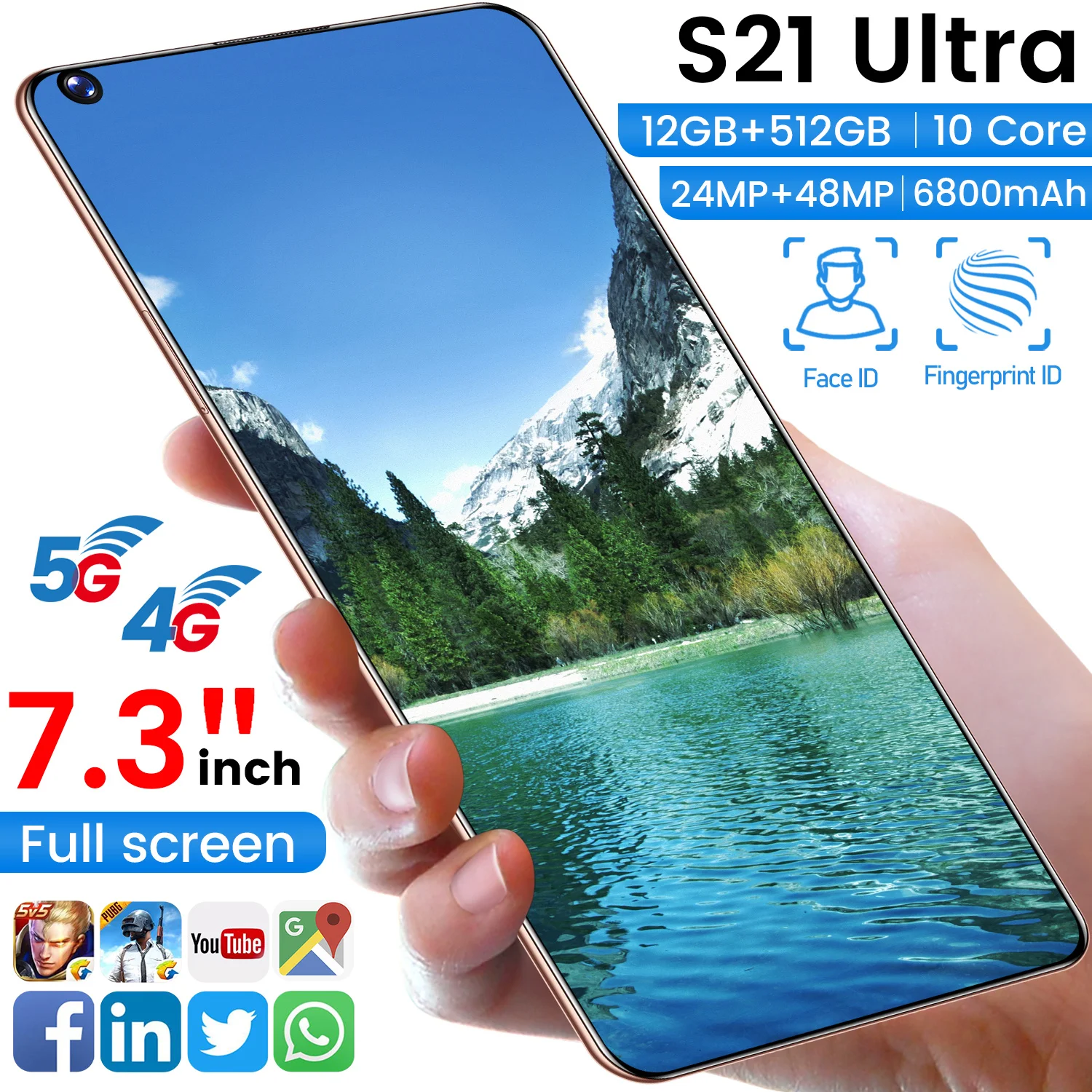 Global Version 7.3 Inch S21Utra Smartphones Full Screen 8G 256GB 24MP+48MP Unlocked Android10 Dual SIM Deca Core Mobile Phone
Global Version 7.3 Inch S21Utra Smartphones Full Screen 8G 256GB 24MP+48MP Unlocked Android10 Dual SIM Deca Core Mobile Phone