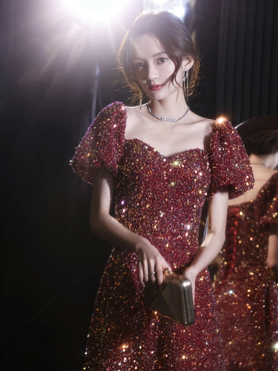 Shiny Burgundy Mermaid Prom Dresses Beading Puff Sleeves Wedding Party Long A-line Formal Ceremony Celebrity Evening Gowns 2022 
Shiny Burgundy Mermaid Prom Dresses Beading Puff Sleeves Wedding Party Long A-line Formal Ceremony Celebrity Evening Gowns 2022
