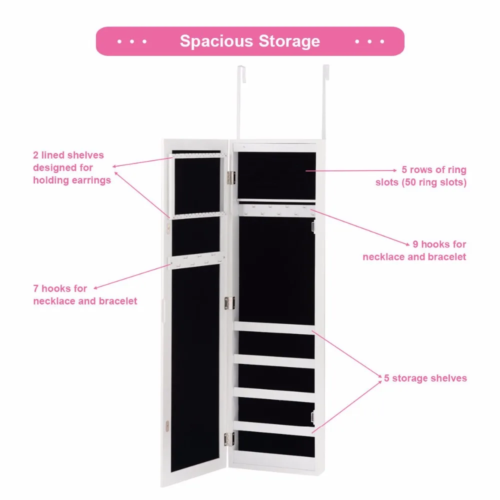 

Giantex Wall & Door Mounted Mirrored Jewelry Cabinet Organizer Storage w/LED Light White Home Furniture HW58924