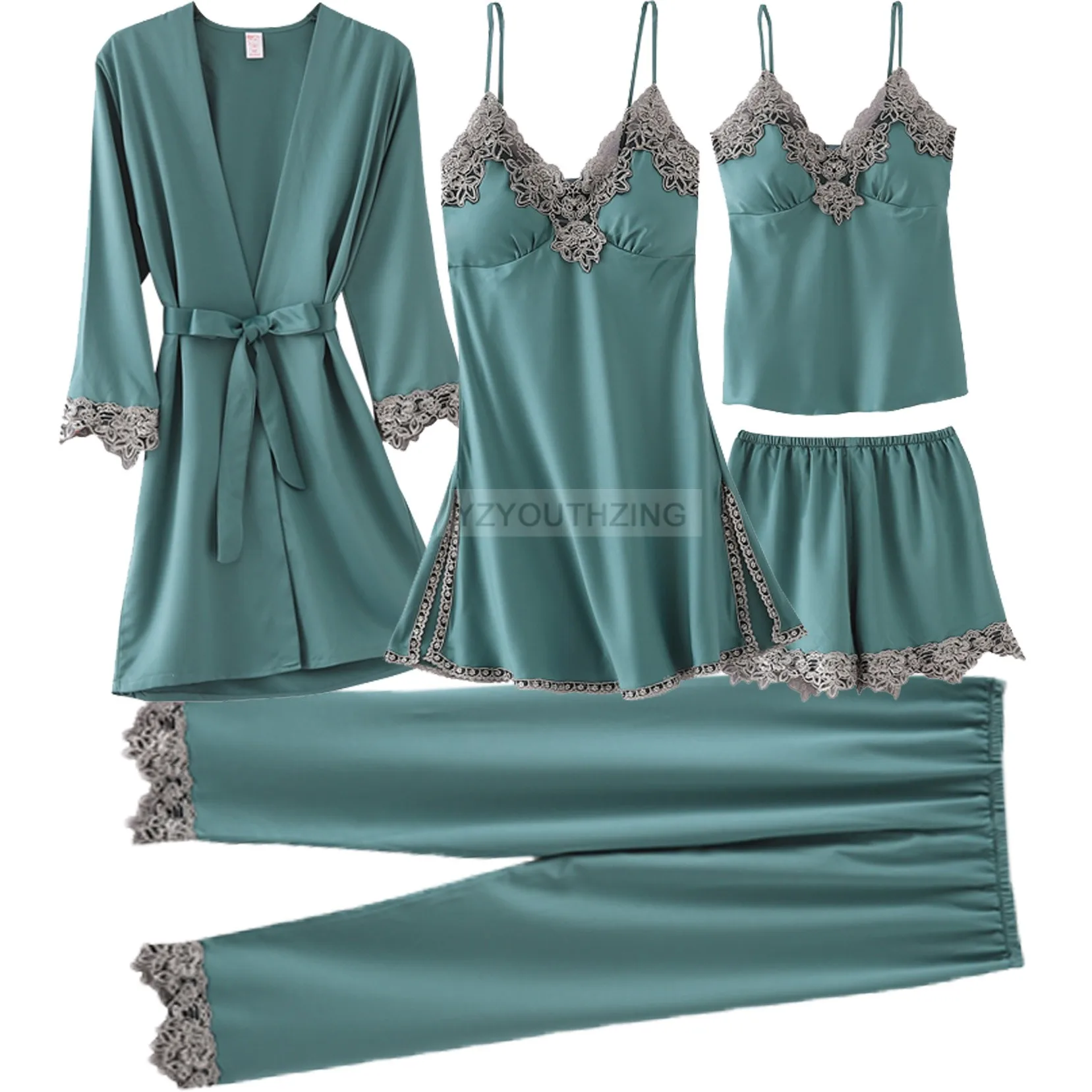 5PCS Lace Pajamas Suit With Trousers For Women Satin V-Neck Sleepwear Summer Lounge Wear Kimono Robe Gown Set Sexy Nightwear 
5PCS Lace Pajamas Suit With Trousers For Women Satin V-Neck Sleepwear Summer Lounge Wear Kimono Robe Gown Set Sexy Nightwear