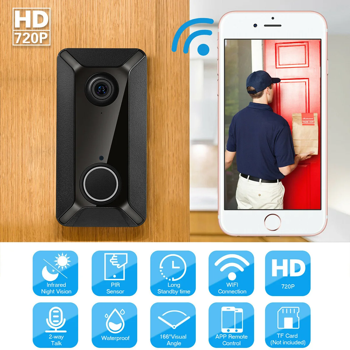 Wireless WIFI Smart Video Doorbell Camera Security Door Bell 720P HD PIR Visual Recording Home Door Bell