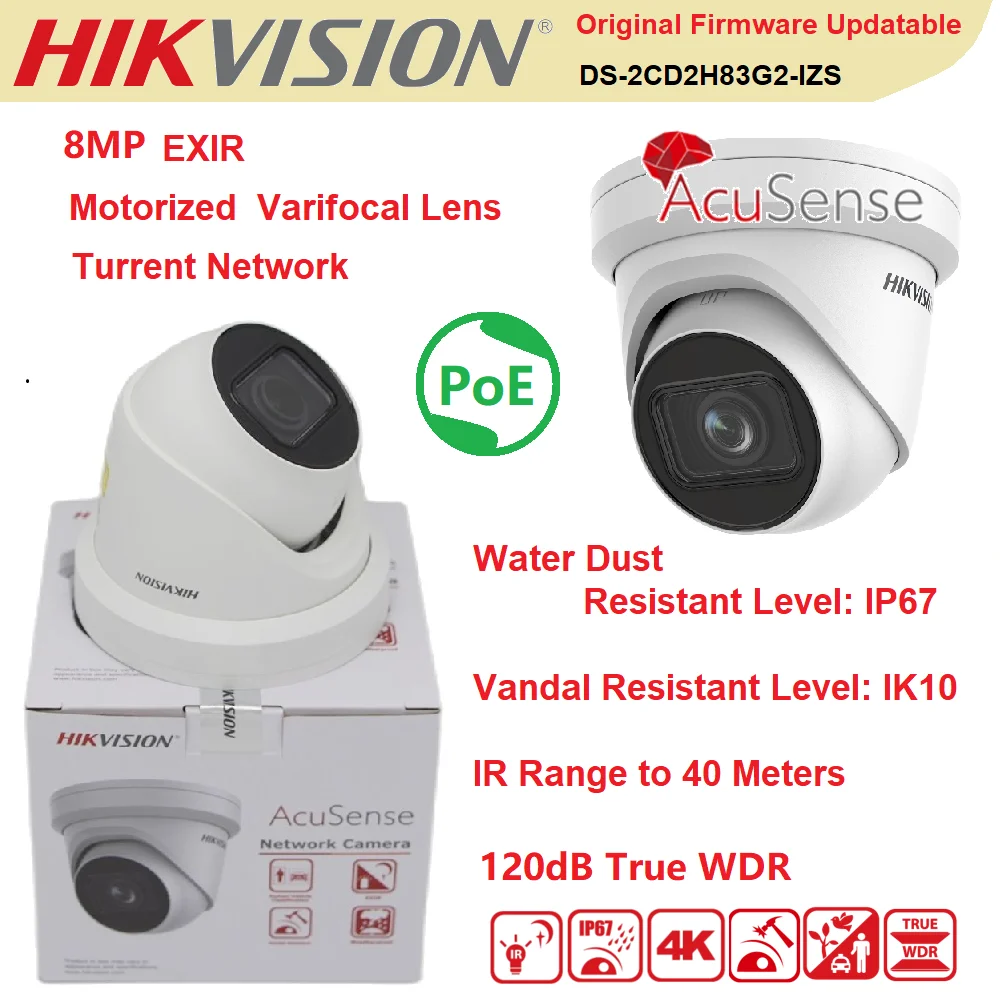 IP-камера Hikvision, оригинальная Φ 4K/8MP Acusense, моторизованная вариофокальная револьверная PoE, Пылезащитная, антивандальная, высокая защита
IP-камера Hikvision, оригинальная Φ 4K/8MP Acusense, моторизованная вариофокальная револьверная PoE, Пылезащитная, антивандальная, высокая защита