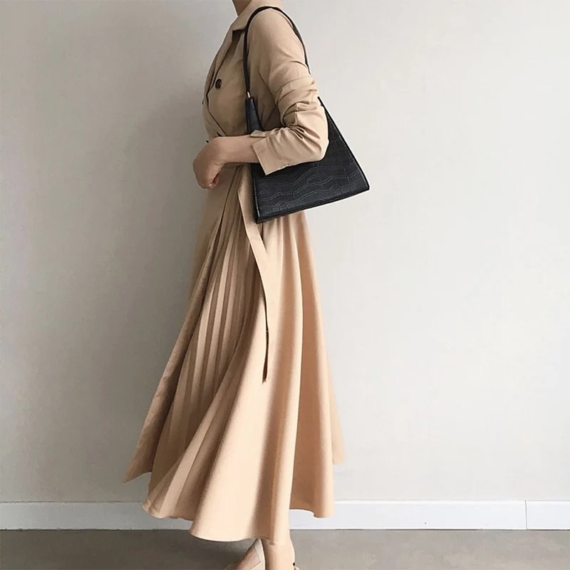 Autumn Pleated Women Ankle Length Dresses Long Sleeve Notched Belt Double Breasted Female Dress Solid Office Simple Lady Clothes
Autumn Pleated Women Ankle Length Dresses Long Sleeve Notched Belt Double Breasted Female Dress Solid Office Simple Lady Clothes