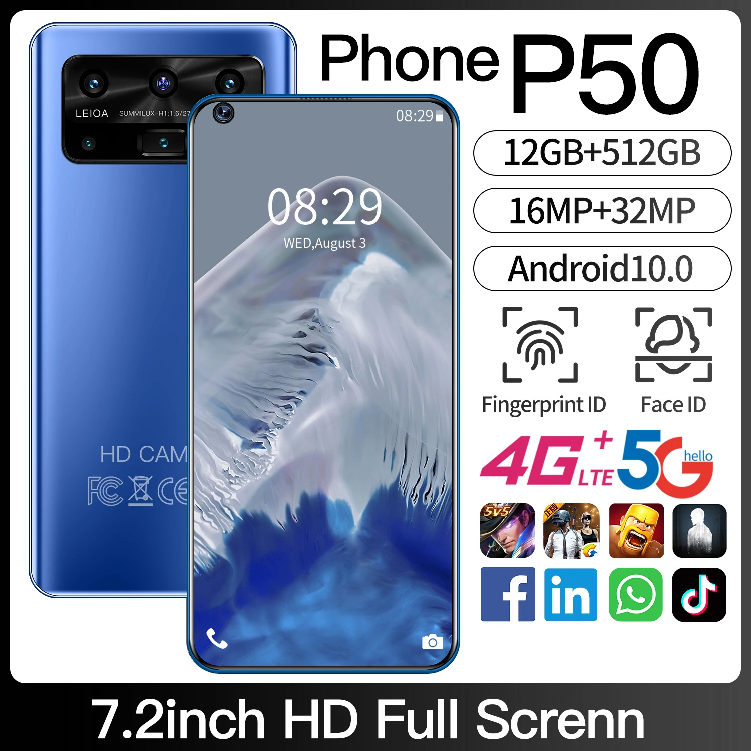 Global Version P50 7.2 '' HUAWE 12GB 512GB MTK6899 Dual Sim New 5800mAh Android10 Mobile Phone HD Screen Cellphone 5G Smartphone
Global Version P50 7.2 '' HUAWE 12GB 512GB MTK6899 Dual Sim New 5800mAh Android10 Mobile Phone HD Screen Cellphone 5G Smartphone