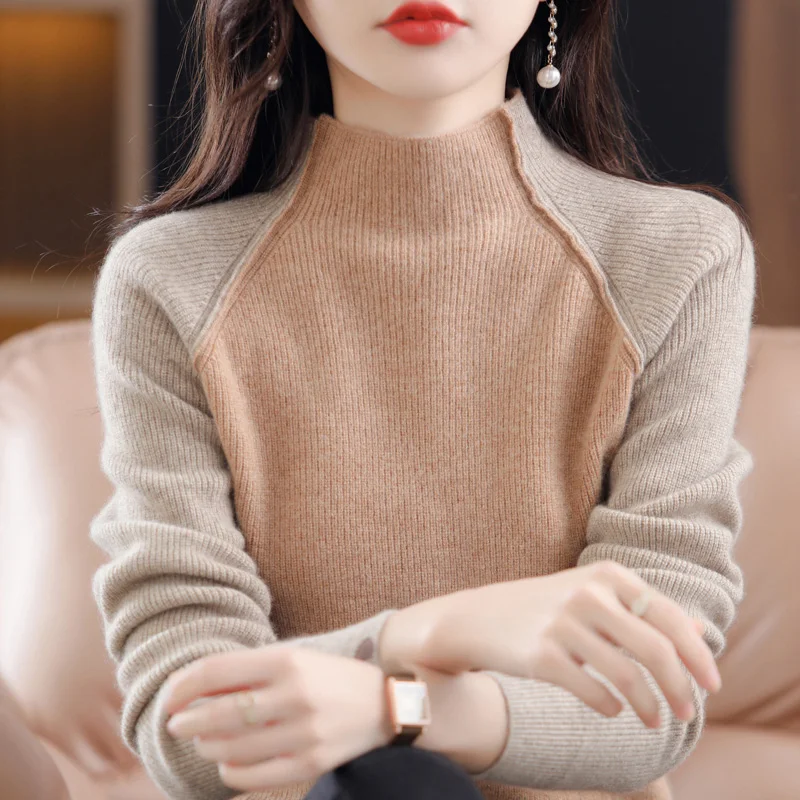 Half Turtleneck Patchwork 100%Wool/Cashmere Sweater Women Slim Long Sleeve Top Korean Fashion Knitted Pullover
Half Turtleneck Patchwork 100%Wool/Cashmere Sweater Women Slim Long Sleeve Top Korean Fashion Knitted Pullover