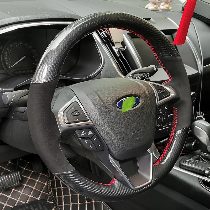 

Hand-Stitched Suede Leather Carbon Fiber Car Steering Wheel Cover For Ford New Edge Mondeo Kuga Everest Raptor car accessories