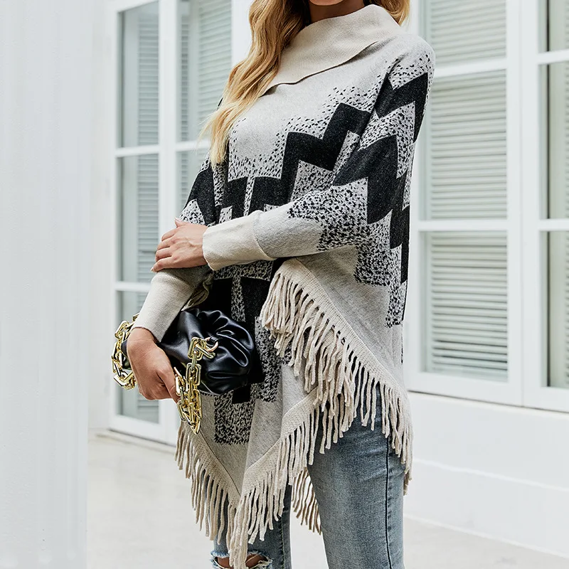 Fashion Women's Shawl Cloak Sweater New Autumn Casual Hot Sale High Neck Pullover Stripe Printing Loose Knit Sweater
Fashion Women's Shawl Cloak Sweater New Autumn Casual Hot Sale High Neck Pullover Stripe Printing Loose Knit Sweater