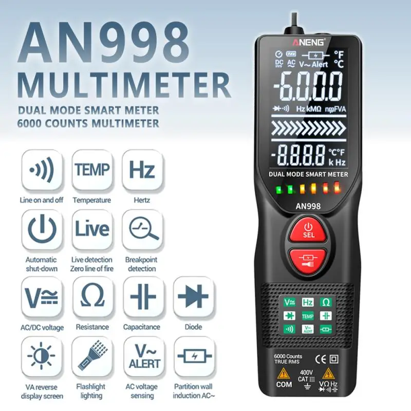 Digital Multimeter Automatic 6000 Counts Multimeter Eletric Auto Ranging AC/DC Voltmeter Temp Ohm Hz Tester Meter Multimetro
Digital Multimeter Automatic 6000 Counts Multimeter Eletric Auto Ranging AC/DC Voltmeter Temp Ohm Hz Tester Meter Multimetro
