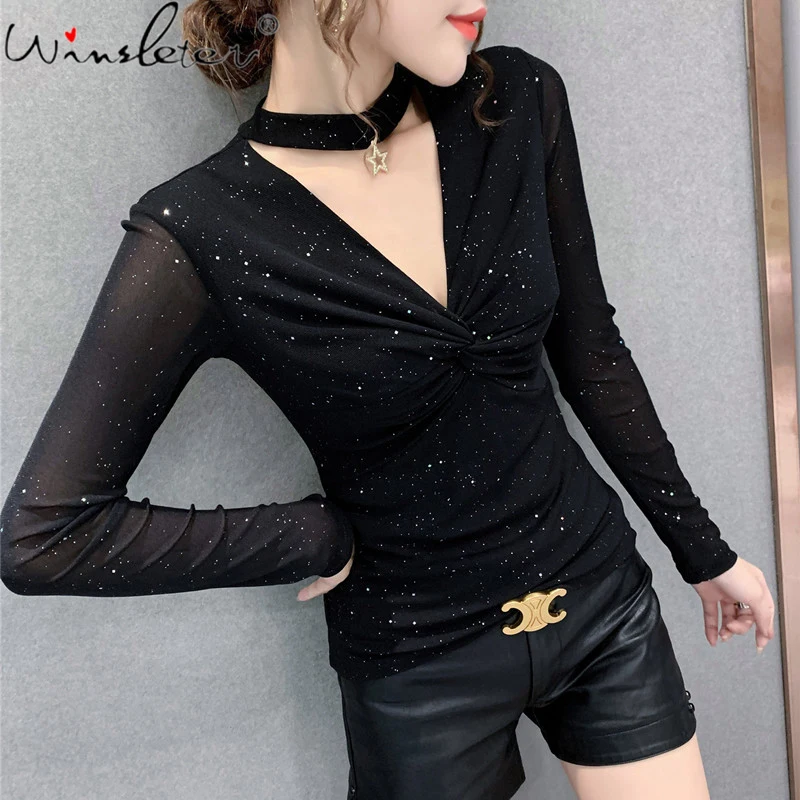 Spring Fall T-Shirt Korean Clothes Fashion Sexy Shiny Women V-Neck Drape Hollow Out Tops Bottoming Shirt All Match Tees T16114A 
Spring Fall T-Shirt Korean Clothes Fashion Sexy Shiny Women V-Neck Drape Hollow Out Tops Bottoming Shirt All Match Tees T16114A