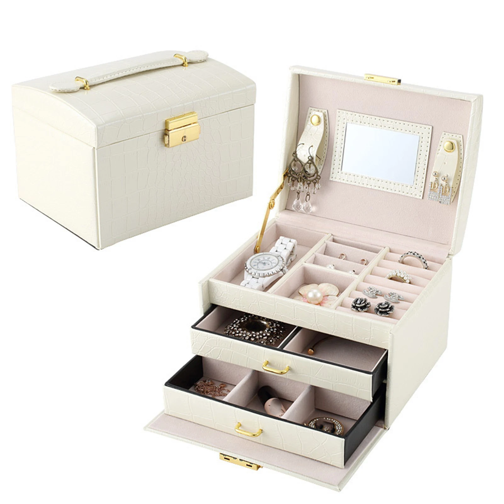 PU Jewelry Box with Mirror 3 Layers Portable Necklace Ring Earrings Lockable Organizer Case with Handle for Travel Home MDJ998
PU Jewelry Box with Mirror 3 Layers Portable Necklace Ring Earrings Lockable Organizer Case with Handle for Travel Home MDJ998