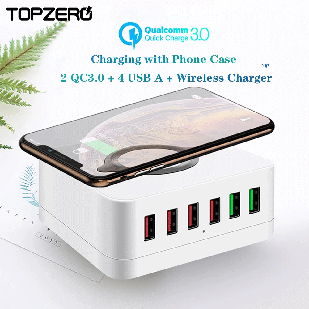 

72W USB Socket Charger Station 10W Wireless Dual QC3.0 Fast Charging Adapter 6 Ports USB Charger For iPhone Xs 11 Huawei Xiaomi