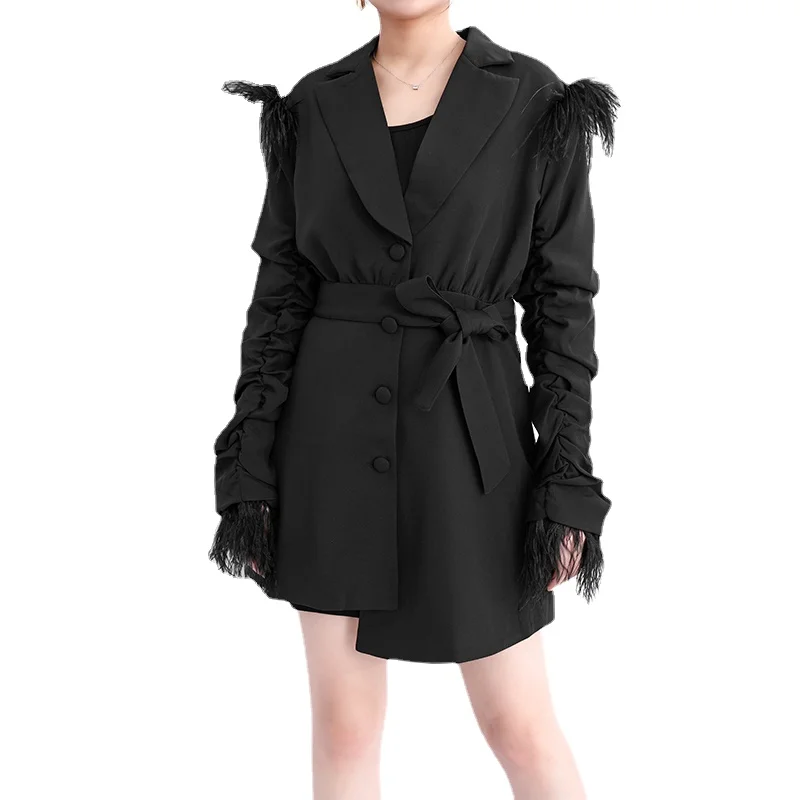 Women Pleated Feather Irregular Temperament Dresses Women's Dress New Notched Long Sleeve Loose Fit Fashion Spring Autumn 2021
Women Pleated Feather Irregular Temperament Dresses Women's Dress New Notched Long Sleeve Loose Fit Fashion Spring Autumn 2021