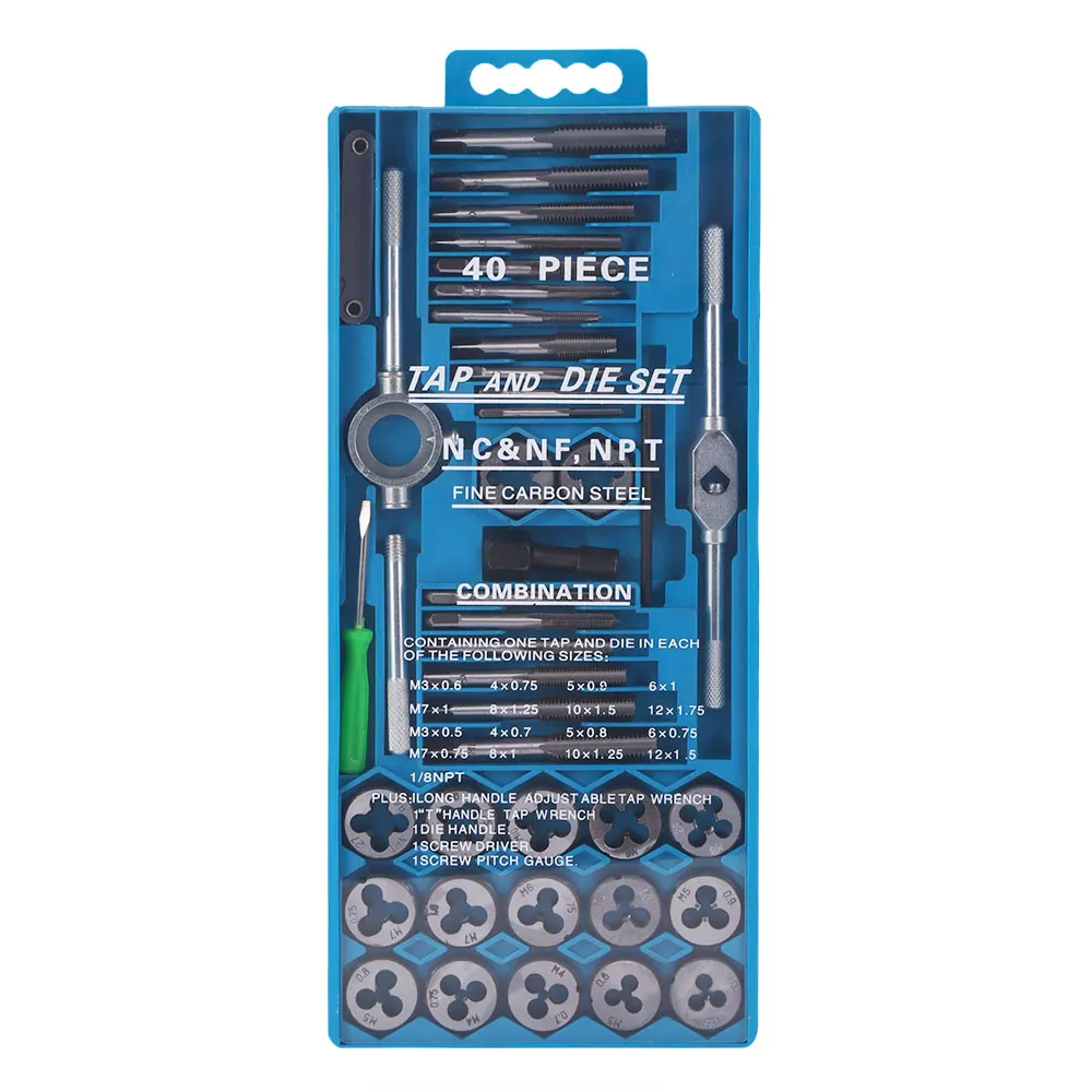 40PCS Tap Die Set Screw Taps Wrench And Die Set Cuts M3-M12 Bolts Storage Case T-Handle Tap Wrench Screw Pitch Gauge Tool Kits
40PCS Tap Die Set Screw Taps Wrench And Die Set Cuts M3-M12 Bolts Storage Case T-Handle Tap Wrench Screw Pitch Gauge Tool Kits