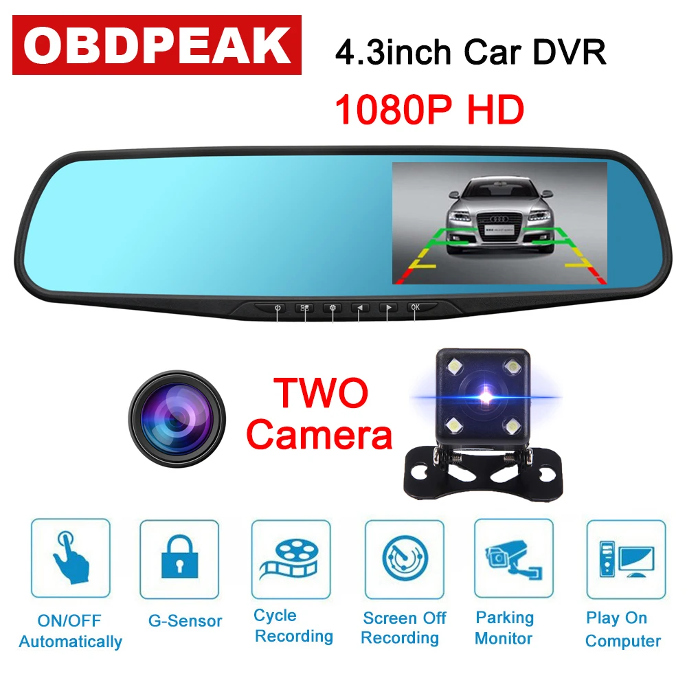 

4.3''Dual Lens Car Camera Auto DVR Rearview Mirror Dash Cam Cars DVRs Recorder Video Registrator FHD 1080P Night Vision Camcorde