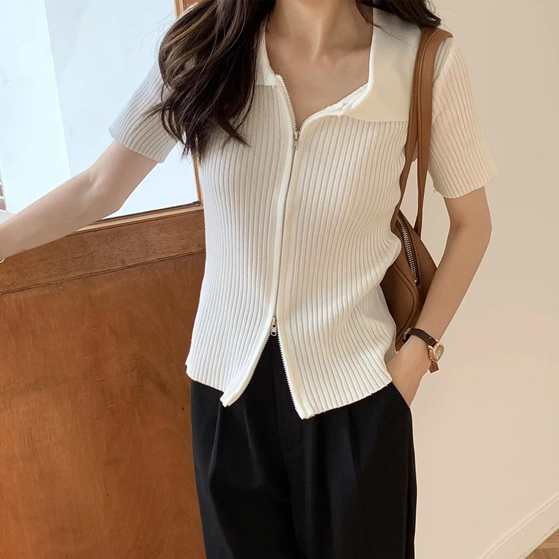 New Arrived Lapel Knitwear, Girls Casual Style Solid Color Short Sleeve Zipper Cardigan Knitted Tops Ladies Temperament Summer
New Arrived Lapel Knitwear, Girls Casual Style Solid Color Short Sleeve Zipper Cardigan Knitted Tops Ladies Temperament Summer
