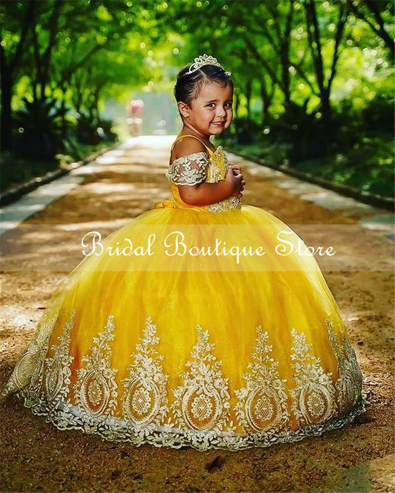 

Желтое кружевное детское платье принцессы, красивое Пышное Платье с цветами, платье для девочек на день рождения, платье для фотосъемки