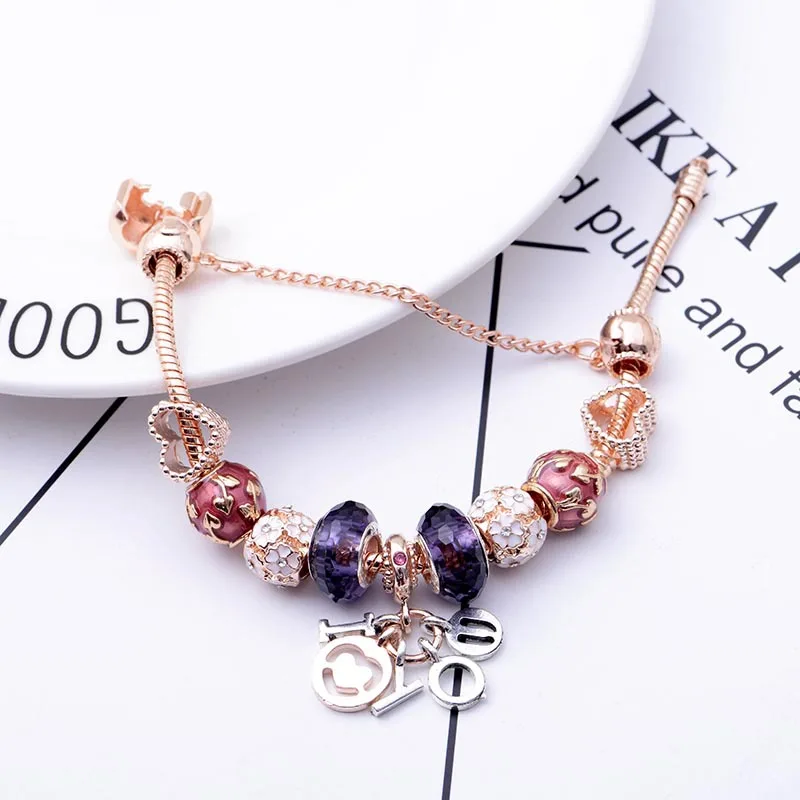 New style purple charm rose DIY big hole bead gold bracelet woman inlaid zircon I love you couple jewelry anniversary gift
New style purple charm rose DIY big hole bead gold bracelet woman inlaid zircon I love you couple jewelry anniversary gift