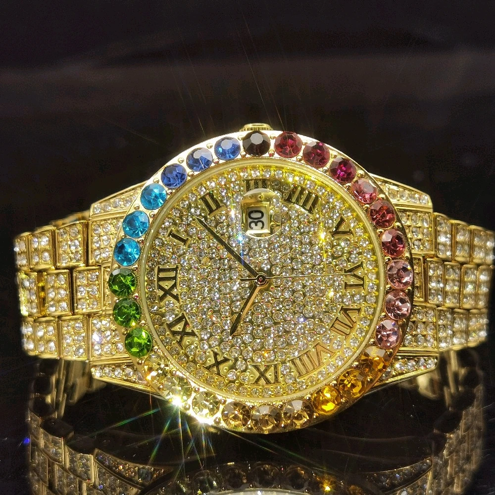 MISSFOX Rainbow Diamond Men Watch Gold Iced Out Stainless Steel Relógio Masculino Blingbling Quartz Man Watches Fashion Party
MISSFOX Rainbow Diamond Men Watch Gold Iced Out Stainless Steel Relógio Masculino Blingbling Quartz Man Watches Fashion Party
