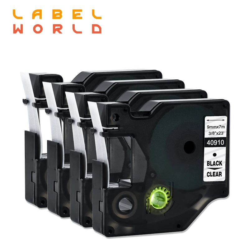 

Label World Compatible for Dymo D1 9mm Label Tape 40910 Black on Clear Label Ribbons for Dymo Label Printers 4PACK