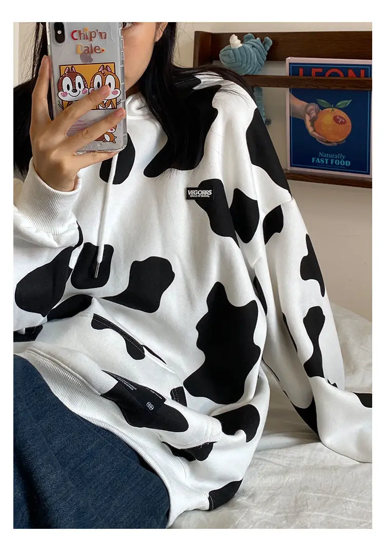 Cute Dairy Cow Kpop Women Hoodie Oversized Warm Pocket Hooded Sweatshirt Winter Harajuku Hoddies Loose Print Polerones Mujer | Женская