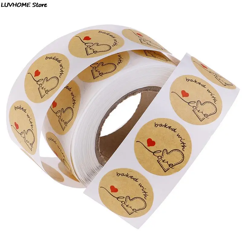 

500 Labels Per Roll Cute Stickers For Seal Labels Handmade Sticker Round Natural Kraft Baked With Love Stickers3pcs