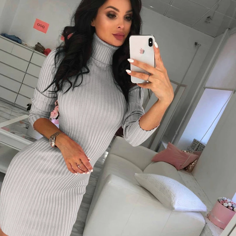 Bodycon Pullover Long Sleeve Knitted Mini Dress Ladies Casual Turtleneck Dress for Women Autumn Winter New Fashion 
Bodycon Pullover Long Sleeve Knitted Mini Dress Ladies Casual Turtleneck Dress for Women Autumn Winter New Fashion