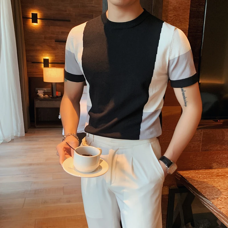 2021 Men's T Shirt Short-sleeved Knitted T Shirts British Slim Fit Round Neck Ice Silk T-shirt Color Contrast Casual Tee Tops
2021 Men's T Shirt Short-sleeved Knitted T Shirts British Slim Fit Round Neck Ice Silk T-shirt Color Contrast Casual Tee Tops