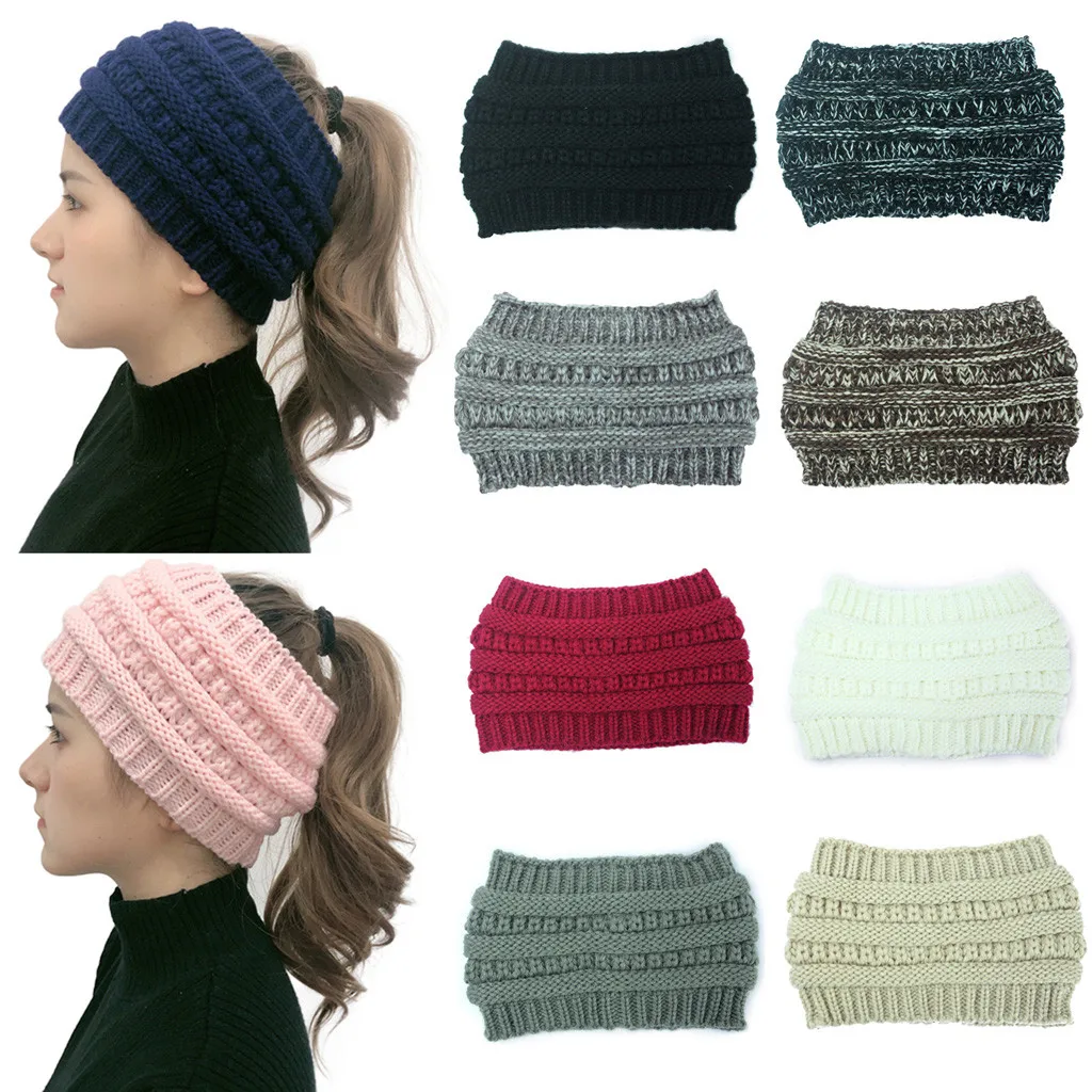 

Women Fashion Outdoor Solid Splice Hats Crochet Knit Holey Beanie Cap Headband Autumn Winter Warm Earmuff Colorful Crown Caps